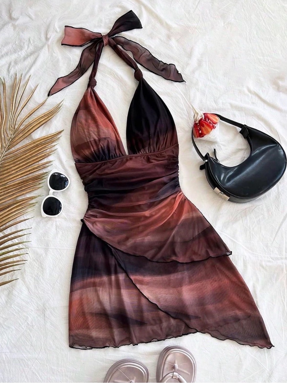 Halter Tie-Neck Brown Ombre Layered Mini Dress